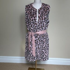 Faux leopard fur and faux leather belt long vest